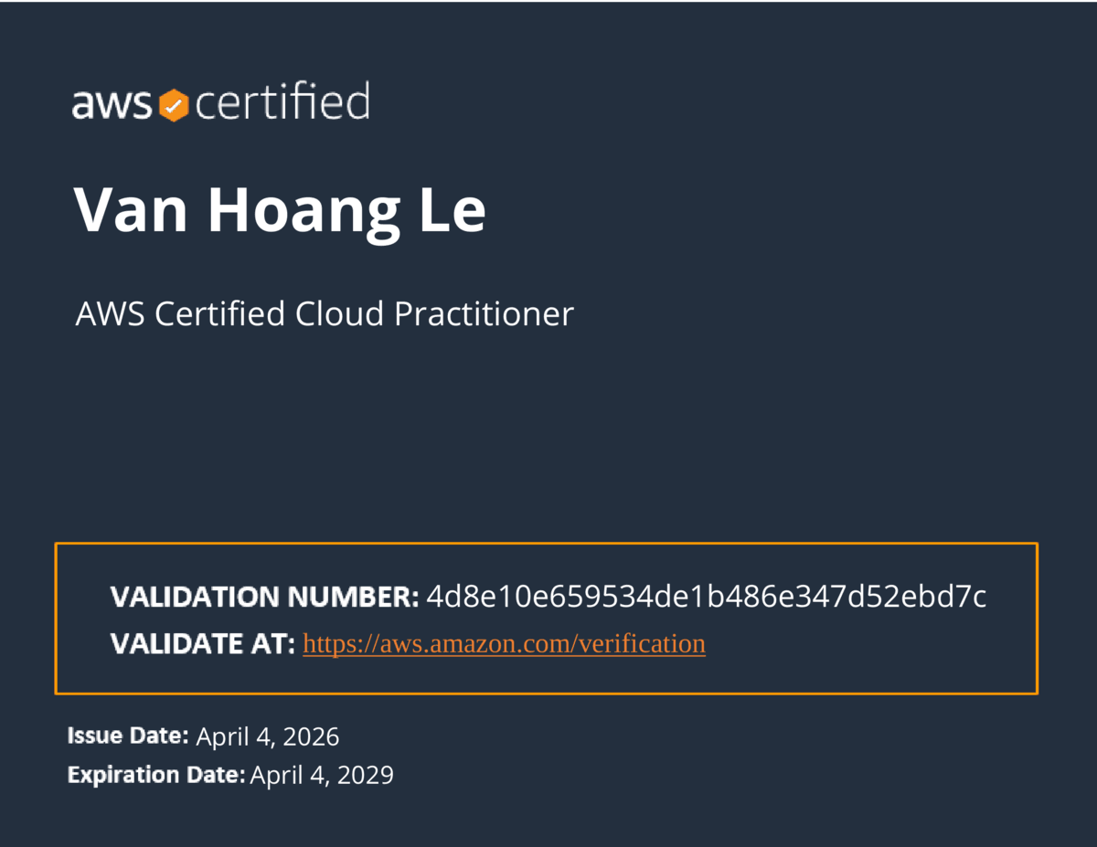 AWS Certified Cloud Practitioner certificate issued by Amazon Web Services Training and Certification